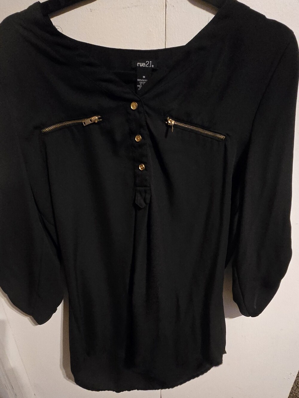 Rue21 Black Blouse with Gold Zipper Accents